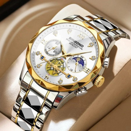 Chronograph no active Watch For Men Stainless Steel Wrist watches-Golden &white