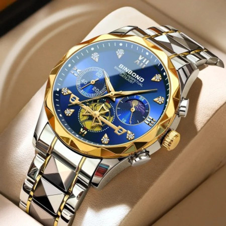 Chronograph no active Watch For Men Stainless Steel Wrist watches-Golden &Blue