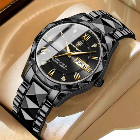 POEDAGAR Cutting Watch Brand Luminous Quartz Watch For Men-night light dual calendar watch mens quartz watch 615 diamond ceiling glass-Black