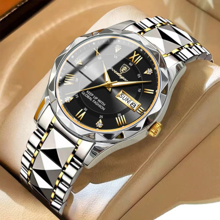 POEDAGAR Cutting Watch Brand Luminous Quartz Watch For Men-night light dual calendar watch mens quartz watch 615 diamond ceiling glass-Silver&Black