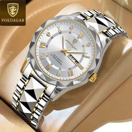 POEDAGAR Cutting Watch Brand Luminous Quartz Watch For Men-night light dual calendar watch mens quartz watch 615 diamond ceiling glass-Silver
