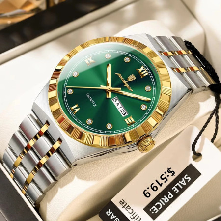 Poedagar Casual Top Men Clock Water resistant Luminous Date Luxury Man Watch Stainless Steel Quartz Fashion-Golden&Green