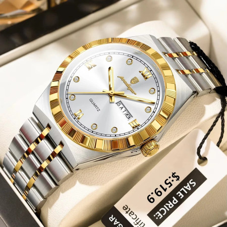 Poedagar Casual Top Men Clock Water resistant Luminous Date Luxury Man Watch Stainless Steel Quartz Fashion-Golden&White