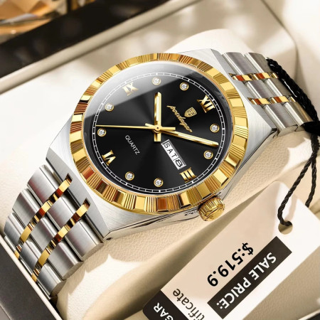 Poedagar Casual Top Men Clock Water resistant Luminous Date Luxury Man Watch Stainless Steel Quartz Fashion-Golden&Black