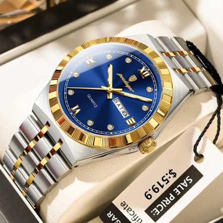 Poedagar Casual Top Men Clock Water resistant Luminous Date Luxury Man Watch Stainless Steel Quartz Fashion-Golden&Blue