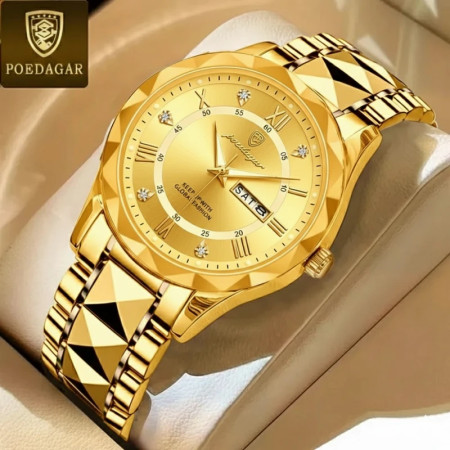 POEDAGAR Cutting Watch Brand Luminous Quartz Watch For Men-night light dual calendar watch mens quartz watch 615 diamond ceiling glass-Full Golden