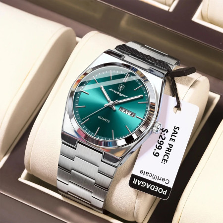 POEDAGAR 930 Luxury Sport Wrist Watch For Man -Silver & Green