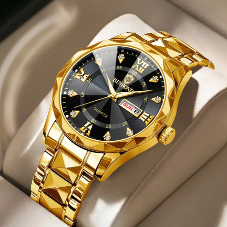 Binbond Cutting mens watch night light dual calendar watch mens quartz watch diamond ceiling glass- Golden&Black