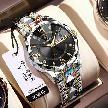 Binbond Cutting mens watch night light dual calendar watch mens quartz watch diamond ceiling glass-Silver&Black