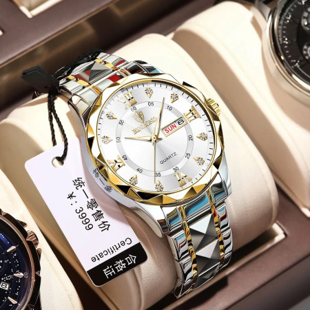 Binbond Cutting mens watch night light dual calendar watch mens quartz watch diamond ceiling glass- Golden&White
