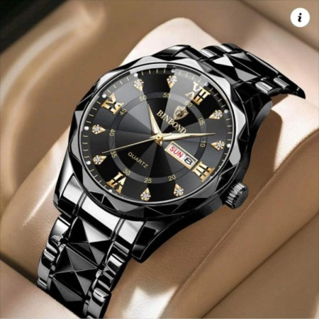 Binbond Cutting mens watch night light dual calendar watch mens quartz watch diamond ceiling glass-Black
