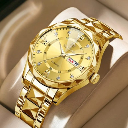 Binbond Cutting mens watch night light dual calendar watch mens quartz watch diamond ceiling glass-Golden
