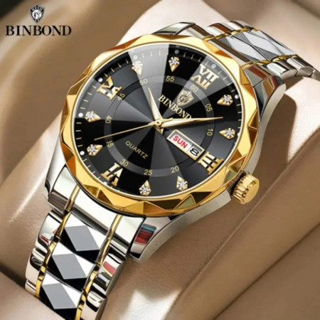Binbond Cutting mens watch night light dual calendar watch mens quartz watch diamond ceiling glass- Golden&Black&Silver