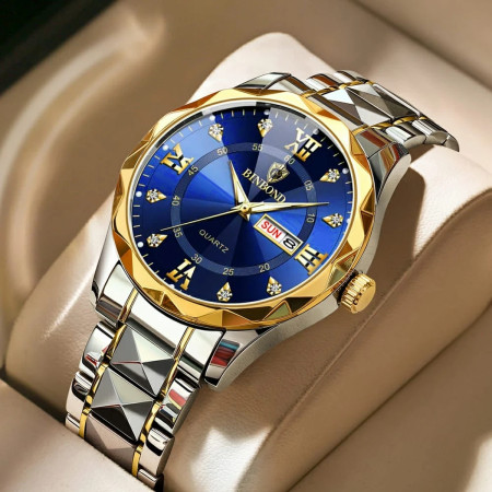 Binbond Cutting mens watch night light dual calendar watch mens quartz watch diamond ceiling glass- Golden&Blue