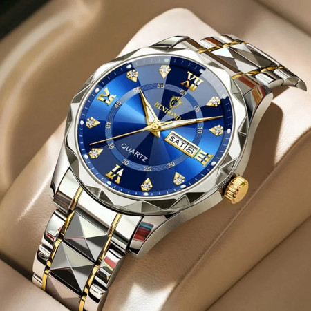 Binbond Cutting mens watch night light dual calendar watch mens quartz watch diamond ceiling glass-Silver&Blue