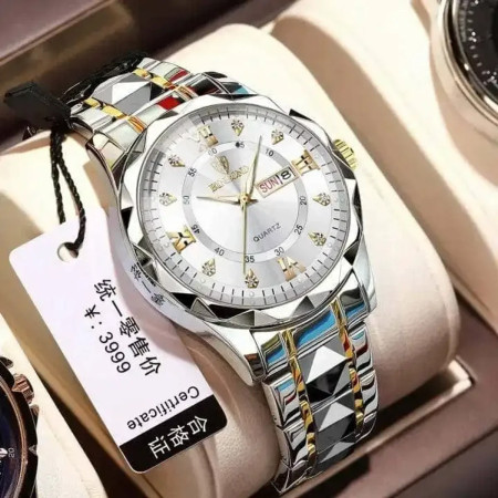 Binbond Cutting mens watch night light dual calendar watch mens quartz watch diamond ceiling glass-Silver