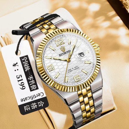 Binbond Casual Top Men Clock Water resistant Luminous Date Luxury Man Watch Stainless Steel Quartz Fashion-Golden&Silver