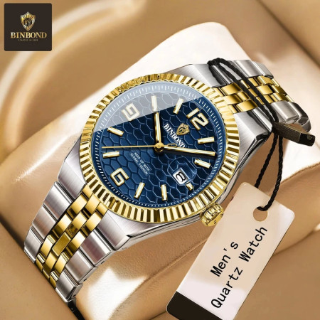 Binbond Casual Top Men Clock Water resistant Luminous Date Luxury Man Watch Stainless Steel Quartz Fashion-Golden&Blue