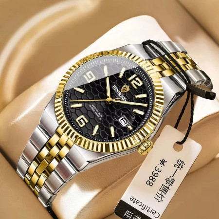 Binbond Casual Top Men Clock Water resistant Luminous Date Luxury Man Watch Stainless Steel Quartz Fashion-Golden&Black